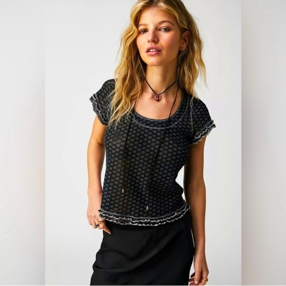 Free People Sheer Mesh Garner Floral Baby Tee Size Large Black - Picture 1 of 6